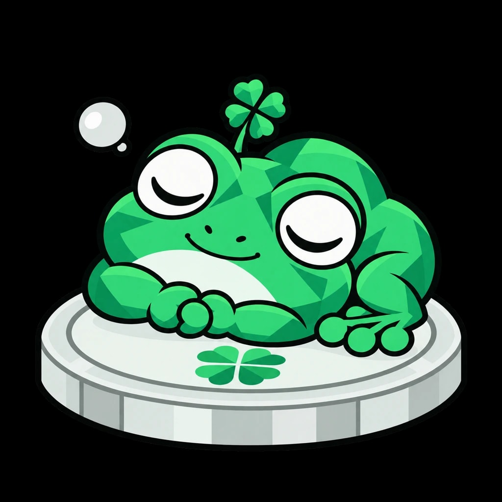 Kero, the Luckereum frog, asleep on a lucky coin